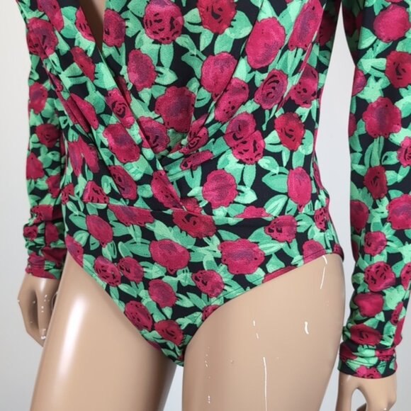 Zara Floral Vneck Bodysuit Top Long Sleeve Plunging Wrap Rose Print Size Medium - Picture 6 of 12